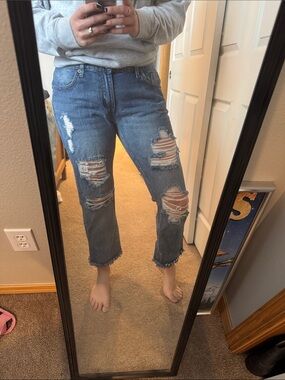 Ripped Cropped Ankle Jeans — Blue Distressed Denim